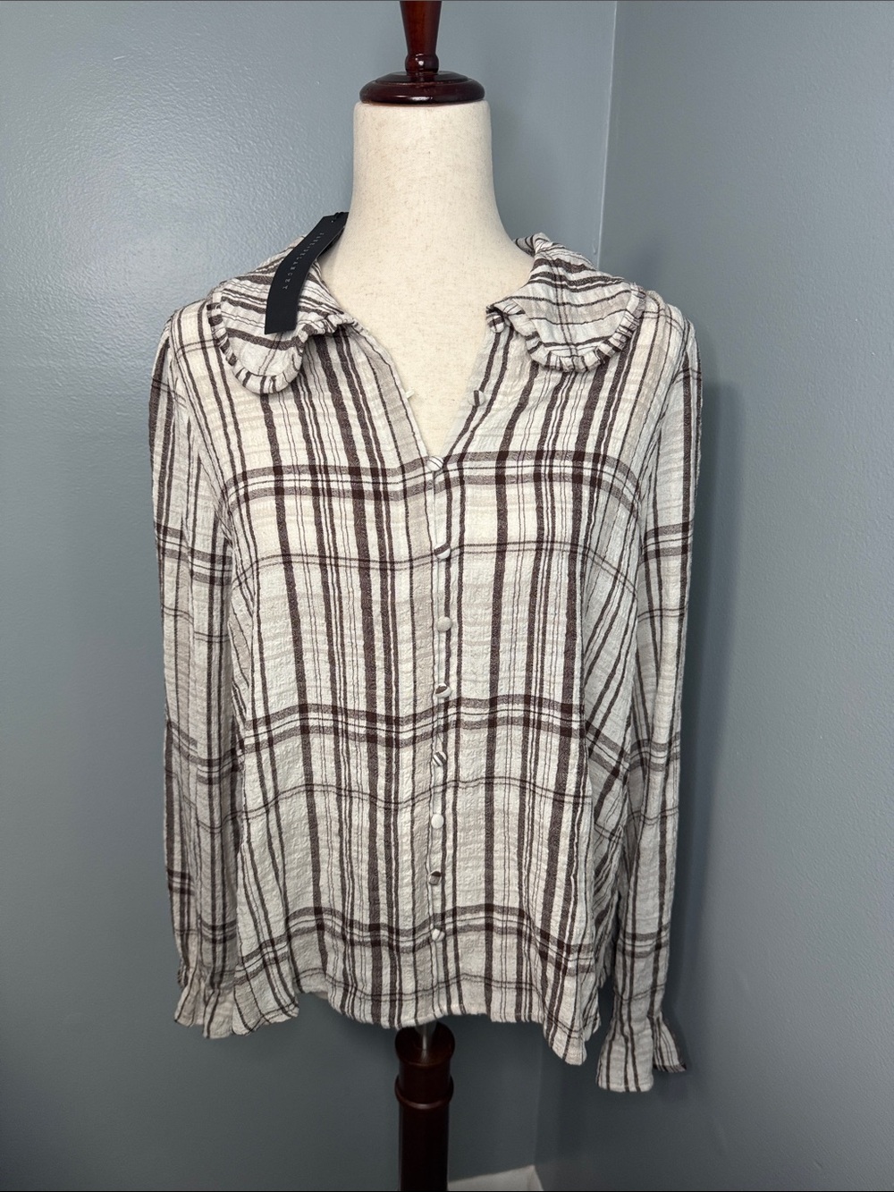 NWT Jane and Delancey Women’s Ivory/Brown Plaid Button-Front Top Sz L